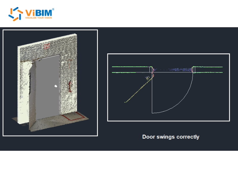 As-built Revit door hosted in a point-cloud wall, plan view confirming the door swings correctly