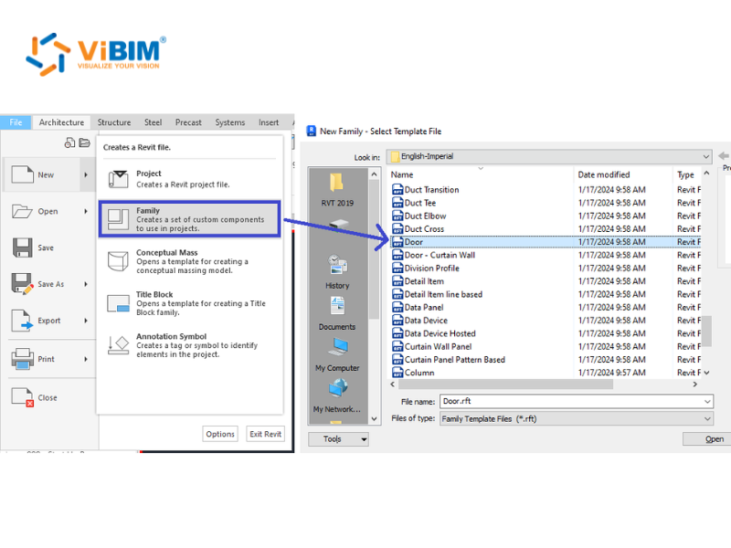 Selecting the Door.rft template in Revit's New Family dialog to start a door family