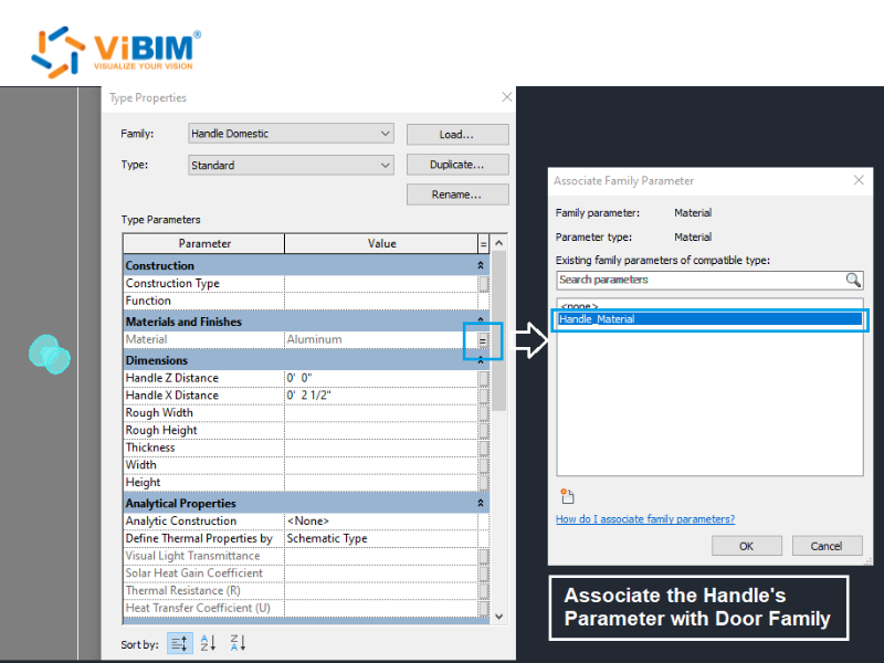 Associating the nested handle's Material parameter up to the parent door family in Revit