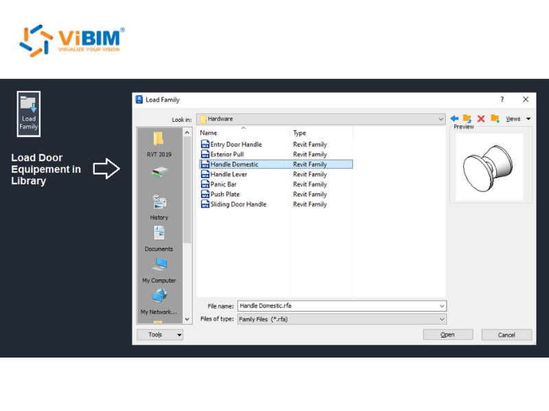Loading the Handle Domestic hardware family from the Revit library to nest into a door