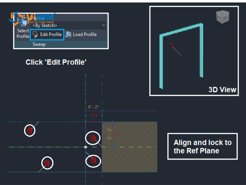 Editing the door frame sweep profile locked to reference planes, with a 3D view of the frame