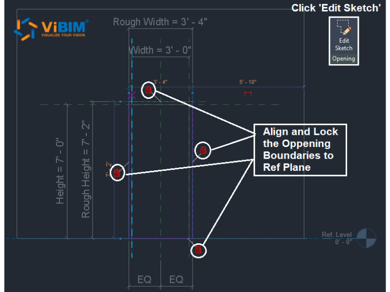 Aligning and locking the door opening boundary lines to reference planes in the Revit Family Editor