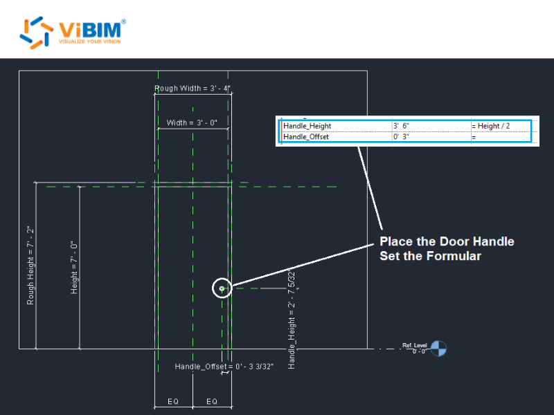 Setting the Handle_Height formula (Height divided by 2) to center the door handle in Revit