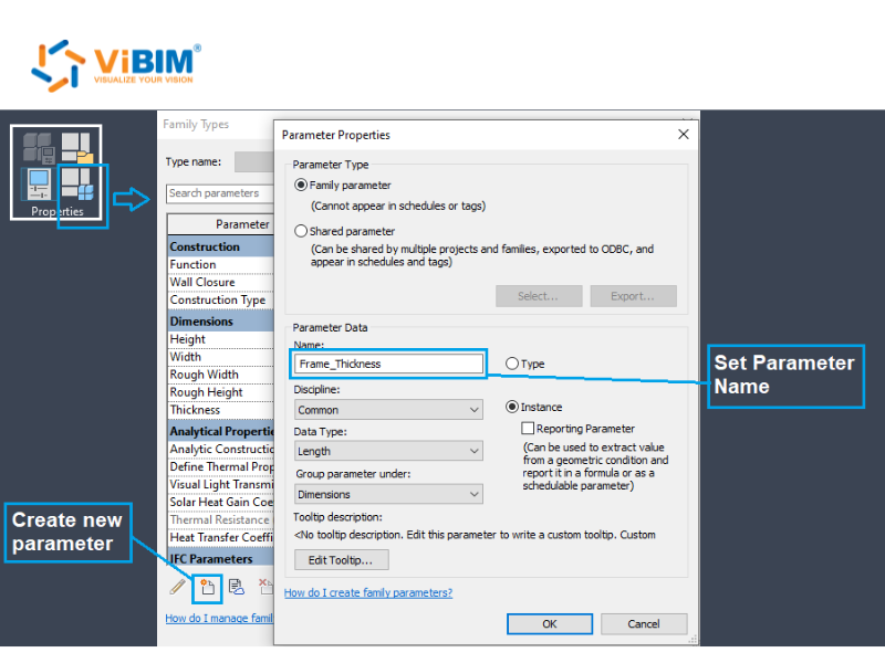 Revit Parameter Properties dialog showing the Type and Instance radio button choice when creating a family parameter