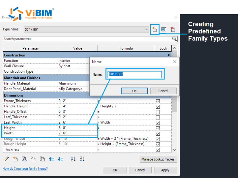 Creating a 30 by 80 inch preset family type in the Revit Family Types dialog