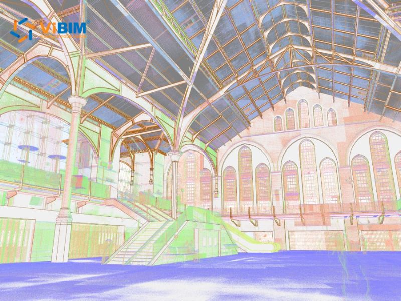 Architectural point cloud modelling in Revit: interior of a large historic public hall with arched windows, vaulted ceiling, and columns — Revit model geometry overlaid on colourised point cloud scan data
