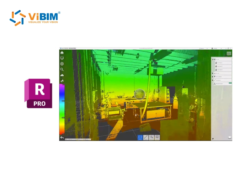 Autodesk ReCap Pro interface displaying colorized point cloud of industrial facility with equipment and structures