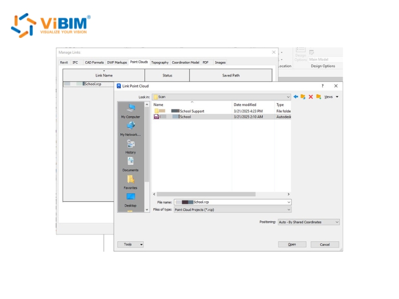 Linking an RCP point cloud through the Revit Insert tab Link Point Cloud dialog