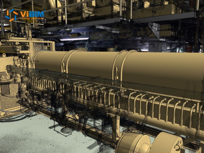 MEP point cloud to Revit model: an industrial facility interior with HVAC pipework, pressure vessels, and structural supports modelled in Revit over a 3D scan point cloud background