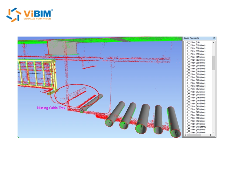 Navisworks clash check overlaying a Revit model on the point cloud, a missing cable tray flagged