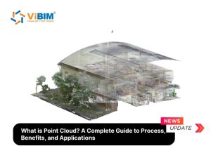 Point cloud 3D model of multi-story building with transparent layers showing interior structure