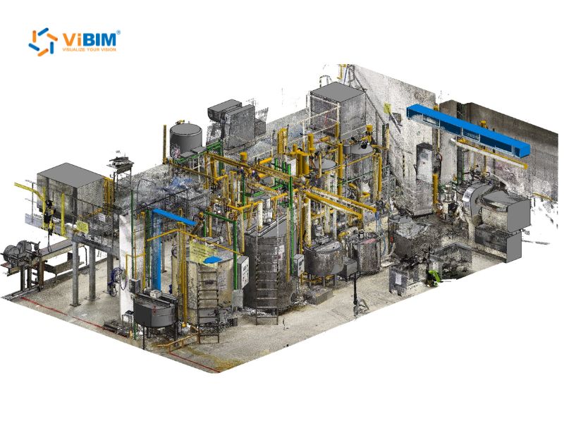 Point cloud to 3D model Revit: dense MEP systems in a US industrial plant — pipes, pressure tanks, and steel structure modelled from scan data and federated in Navisworks for clash detection