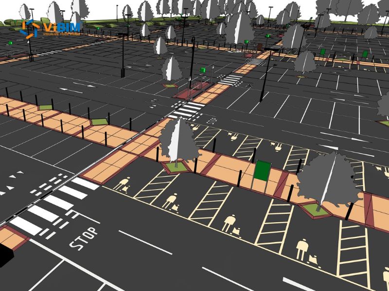 Revit point cloud modeling best practice: a large topographic site model of a parking lot and road network segmented into zones using Section Boxes — ±25mm deviation held against the source scan