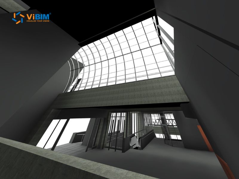 Point cloud scan to Revit model: train station interior in Canada showing the parametric Revit geometry of the atrium, skylights, and rail track alignment within 10mm of the source laser scan