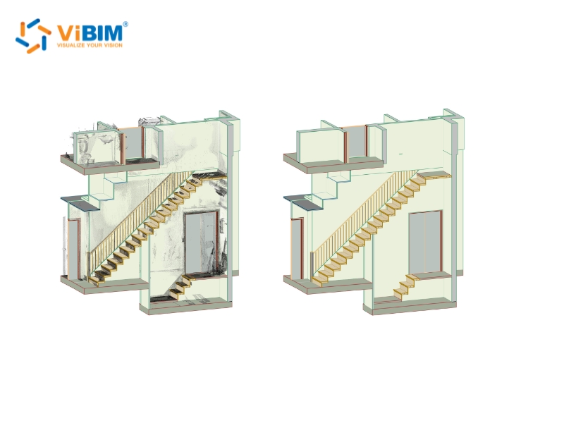 Stairs and walls modeled in Revit from a point cloud, before and after