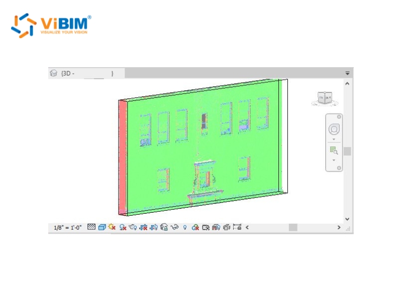 Revit wall model traced over a linked point cloud in a 3D view
