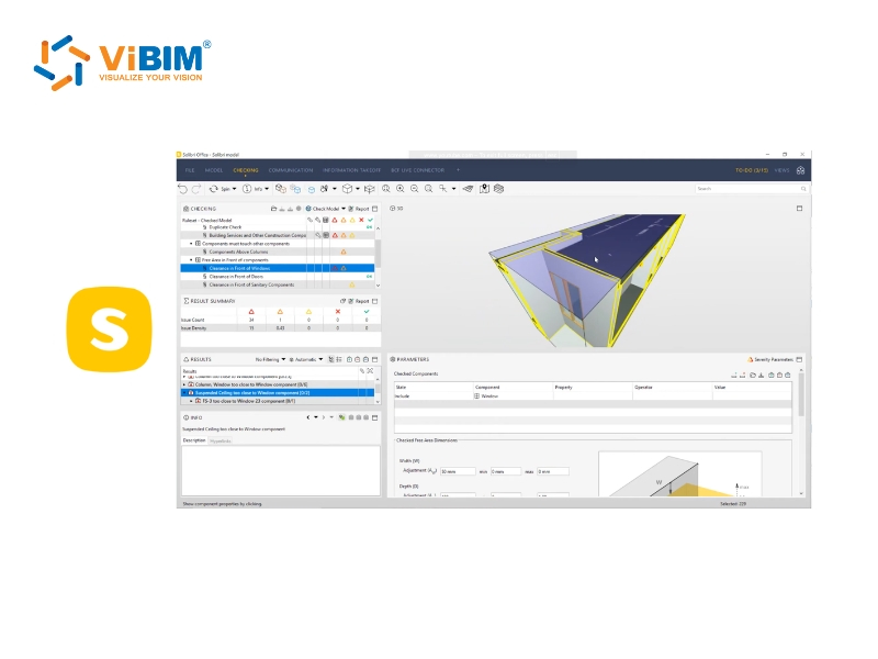 Solibri interface displaying rule-based BIM validation with issue checklist, 3D model view, and compliance reporting panels
