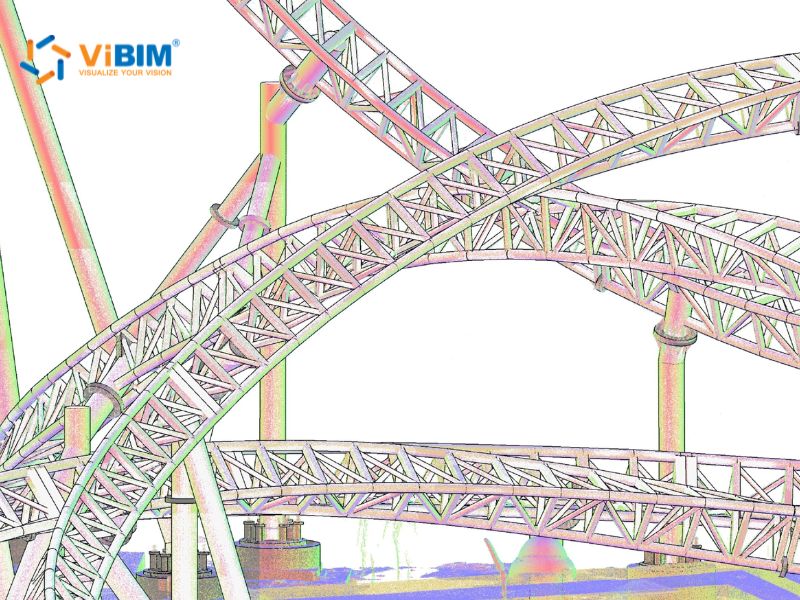 Structural Revit modeling from point cloud: complex curved steel truss assembly modelled at LOD 300, with colourised point cloud scan data visible through the parametric Revit geometry