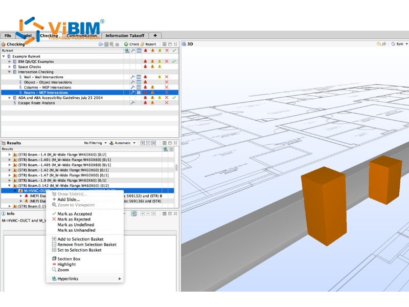 Solibri interface displaying clash detection results with MEP duct conflict highlighted in 3D model view
