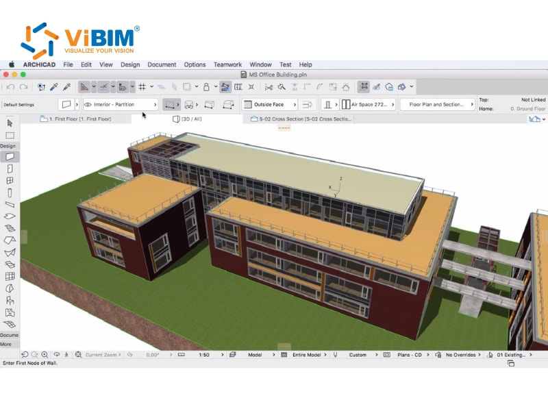 Office building complex with red facades rendered in Archicad 3D workspace