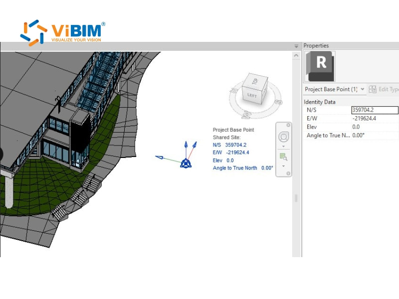 Revit model showing project base point coordinates for accurate site placement and construction alignment