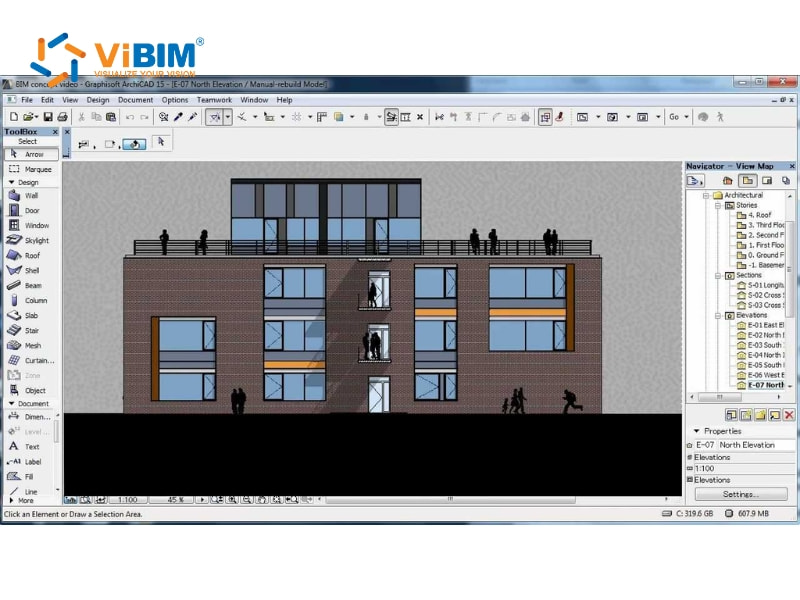 Archicad north elevation view of modern brick building with human scale figures