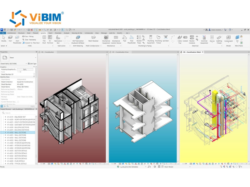 Revit multi-view interface displaying architectural sections, 3D model, and MEP systems coordination