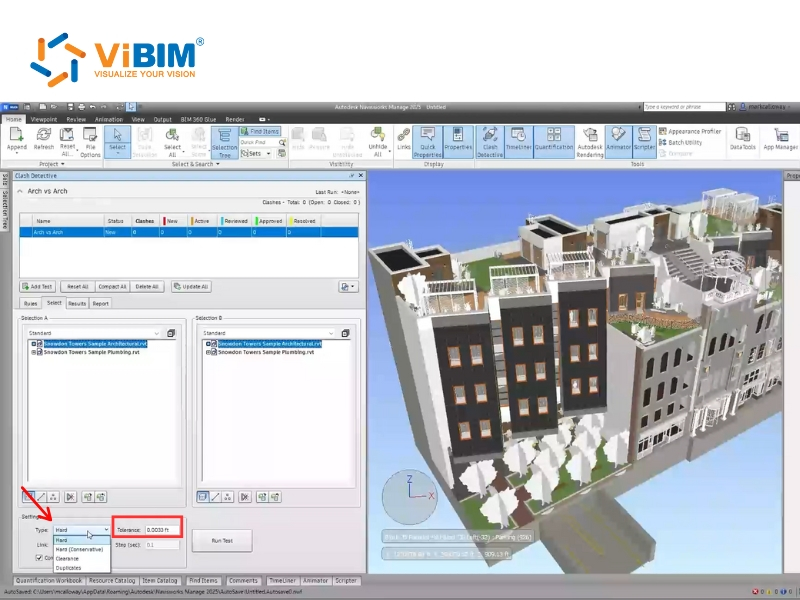 Choose the test type and input tolerance to defines how interferences are measured