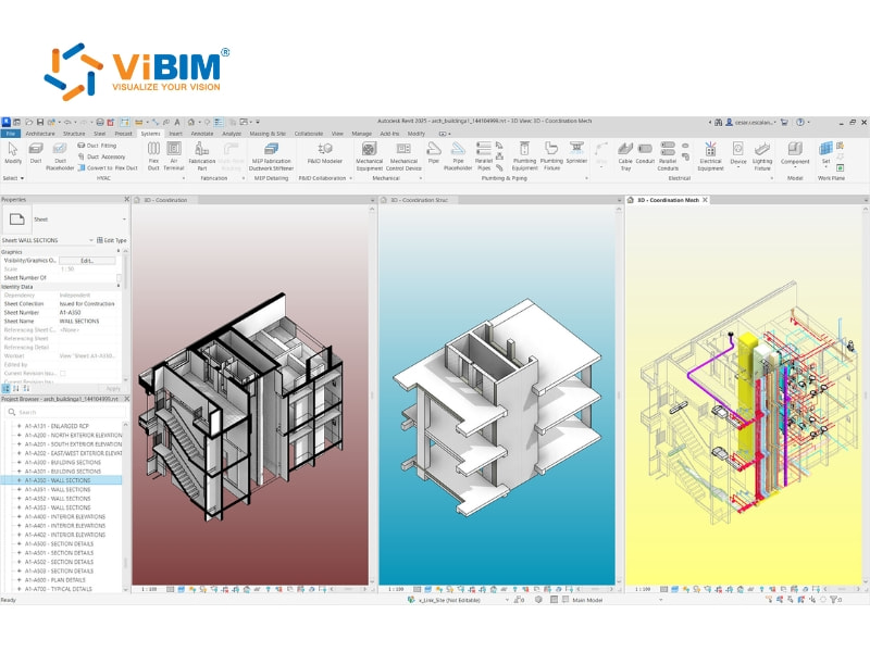 Autodesk Revit interface showing three discipline models: architecture, structure, and MEP systems