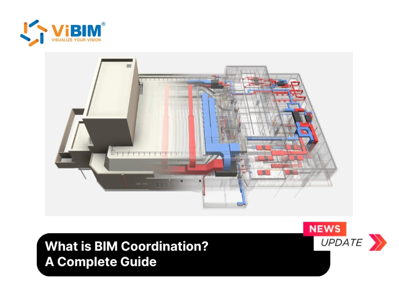 3D BIM coordination model showing integrated MEP systems with red and blue ductwork overlaid on building structure