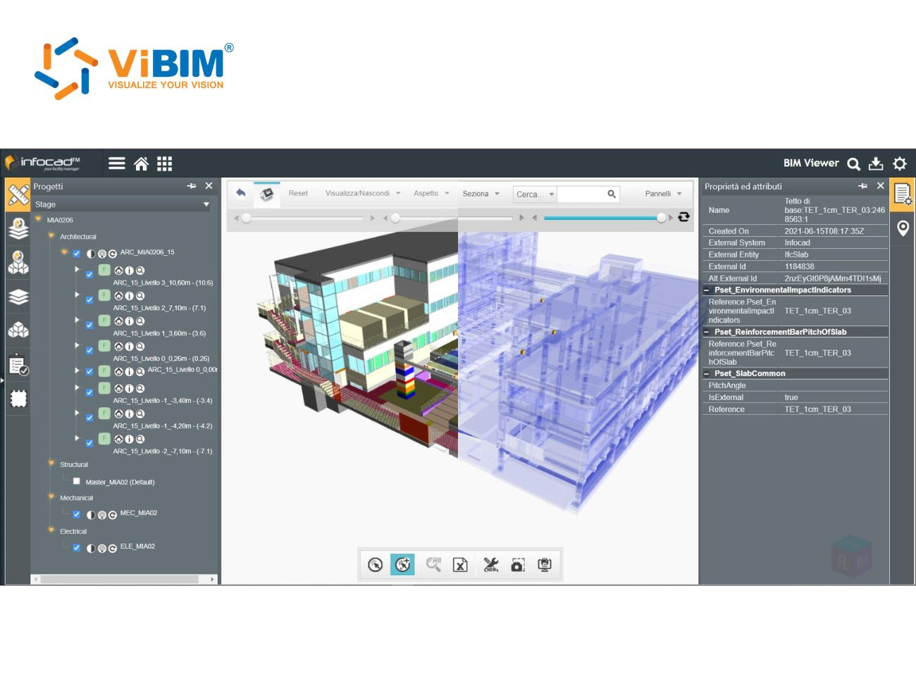 BIM Viewer interface displaying multi-story building model with project tree and property attributes for data management