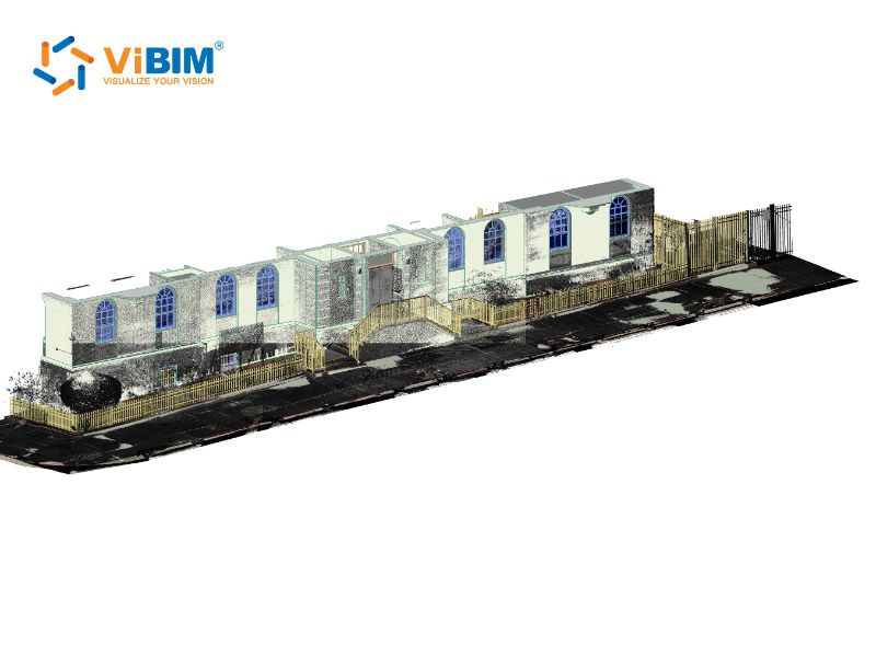 3D BIM model of historic building with blue arched windows and site context