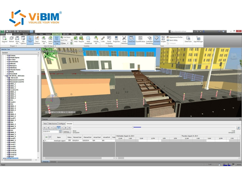 BIM software displaying 3D construction site model with timeline scheduling and project planning interface