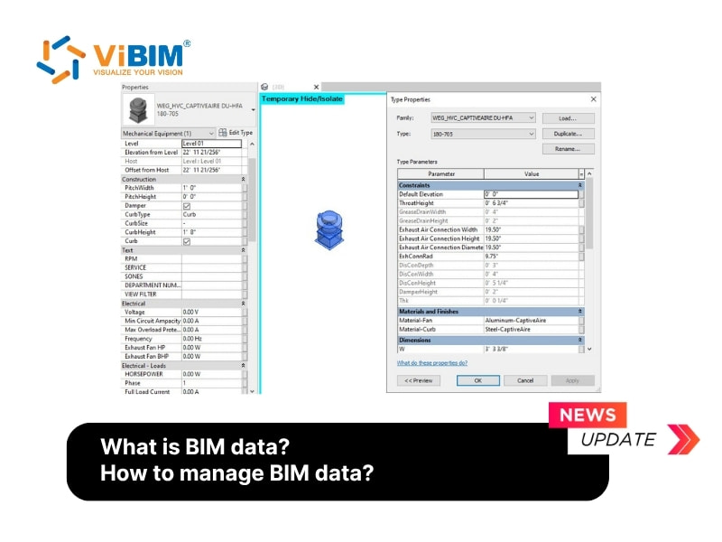 ViBIM software interface showing mechanical equipment properties and type parameters for BIM data management
