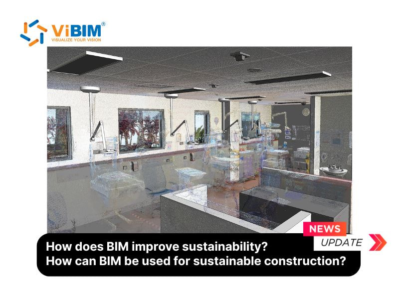 Modern dental clinic interior with sustainable design features and BIM visualization overlay