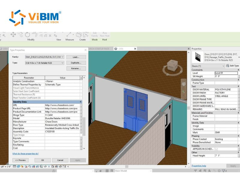ViBIM 3D model with door properties panel displaying identity data and material specifications