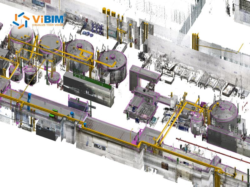 BIM for MEP point cloud model showing industrial mechanical equipment, tanks, and yellow gas piping