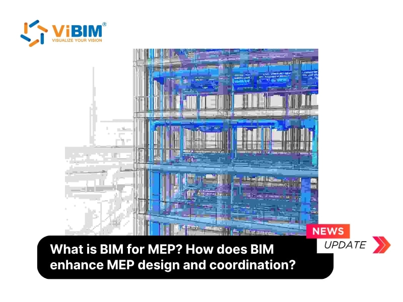 3D BIM model showing multi-story MEP systems with blue ductwork and purple piping installations