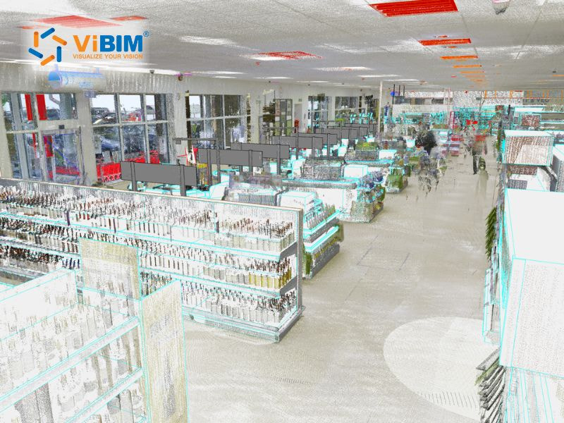 Point cloud scan of retail store interior showing product displays and shelving layout