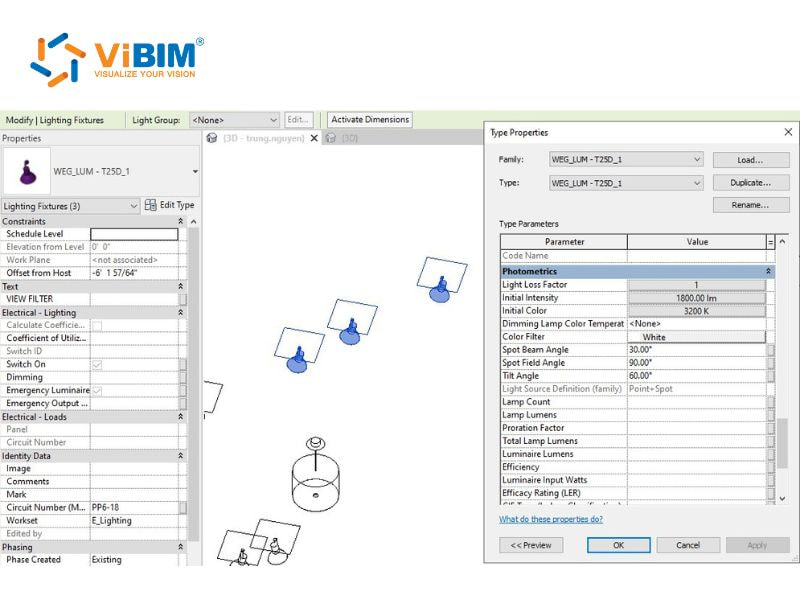 BIM lighting fixture model showing photometric data, electrical properties, and 3D geometry