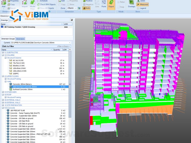 BIM model with color-coded building elements and quantity takeoff data panel showing material volumes