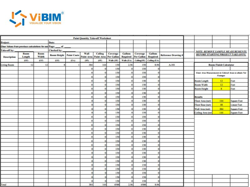 Paint quantity takeoff worksheet with room measurements, wall areas, and coverage calculations