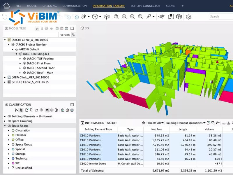 ViBIM information takeoff interface with 3D building model and classified element quantities by type and area