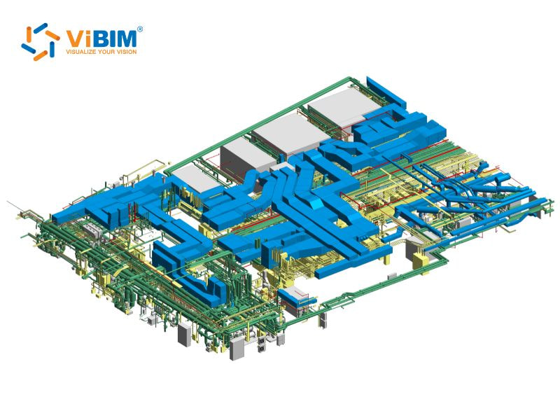 BIM 3D model of industrial facility showing detailed HVAC ductwork, structural systems, and equipment layout