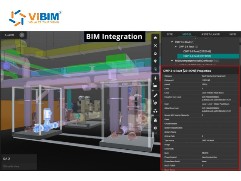 BIM integration interface showing 3D model with mechanical equipment and Revit properties panel displaying asset data