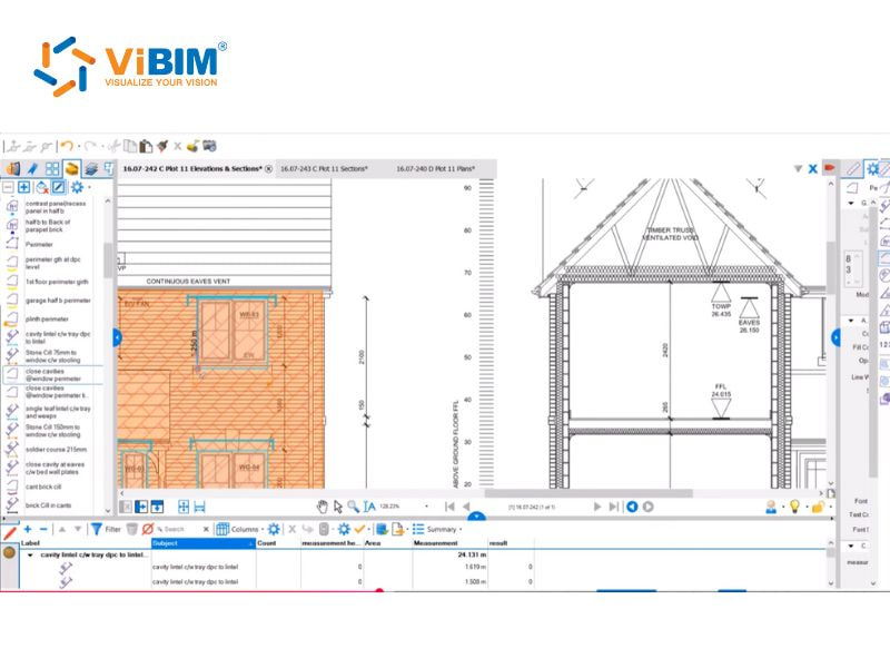 Digital takeoff software showing floor plan and building section with measurement tools and quantity calculations