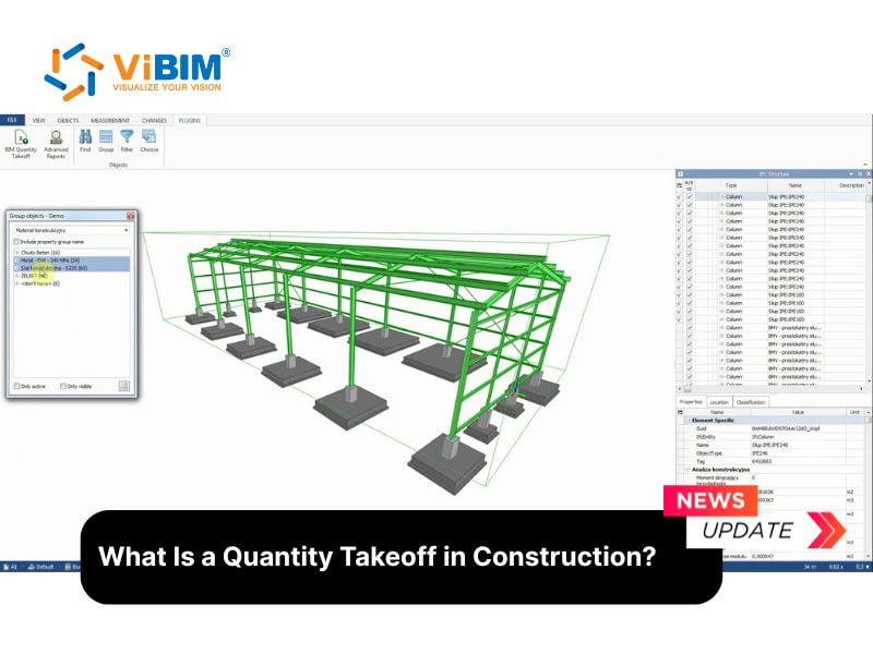 ViBIM software interface showing 3D steel frame model with quantity takeoff panels and element properties