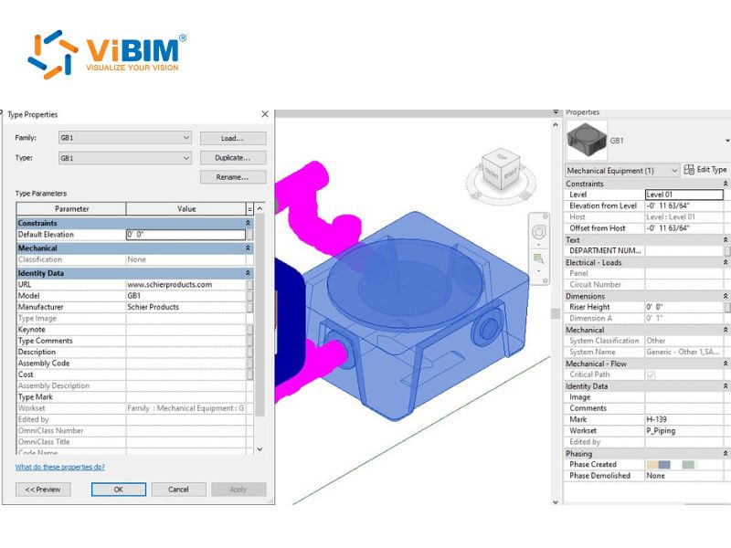 BIM software interface displaying 3D mechanical equipment model with detailed material properties