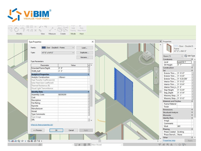BIM file properties panel displaying type parameters and physical dimensions for building elements