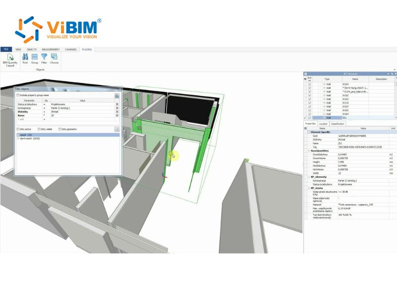 ViBIM software showing 3D building model with wall grouping panel and element property specifications